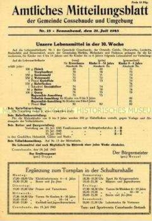 Kommunales Mitteilungsblatt u.a. zur Lebensmittelbewirtschaftung und mit der Aufforderung zur Ablieferung von NS-Literatur sowie Anzeigen von Geschäften und Handwerksbetrieben