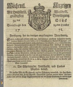 30tes Stück, Dienstags den 29ten October 1771