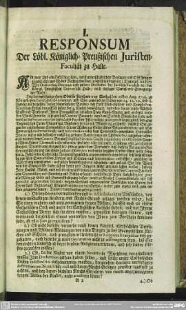 I. Responsum Der Löbl. Königlich-Preußischen Juristen-Facultät zu Halle