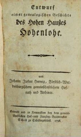 Entwurf einer genealogischen Geschichte des Hohen Haußes Hohenlohe