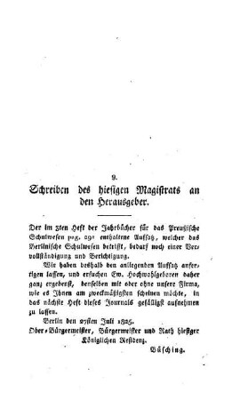 Schreiben des hiesigen Magistrats an den Herausgeber