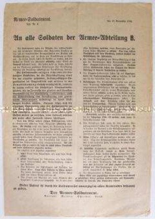 Flugblatt des Soldatenrates der Armee-Abteilung B mit Verhaltenmaßregeln für die Soldaten zur Vorbereitung der Demobilisierung