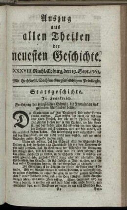 XXXVIII. Nachl. Coburg, den 19. Sept. 1761.