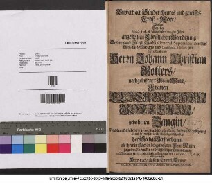 Bußfertiger Sünder theures und gewisses Trost-Wort, Welches Bey der am 29. April. dieses lauffenden 1704ten Jahrs angestellten Christlichen Beerdigung Des weyland Fürstl. Sächß. General-Superintendentens Ober-Hof-Predigers und Consistorial-Assessoris zum Friedenstein, Herrn Johann Christian Gotters, nachgelassener Frau Wittib, Frauen Elisabethen Gottern, gebohrnen Zangin, Nachdem Dieselbe am 24. ejusd. nach überstandener Leibes-Beschwehrung alt und Lebens satt in Christo seelig entschlaffen, der Seelig-Verstorbenen als ihrer im Leben liebgewesenen Frau Mutter zu gutem Andencken und sich selbst zur Ermunterung nach Anleitung des erwehlten Leichen-Texts aus der I. Timoth. I. v. 15. 16. 17. absingen liessen Dero nachgelassene sämmtl. Kinder.