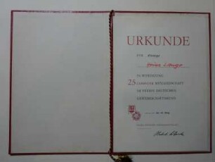 Urkunde FDGB für 25-jährige Mitgliedschaft