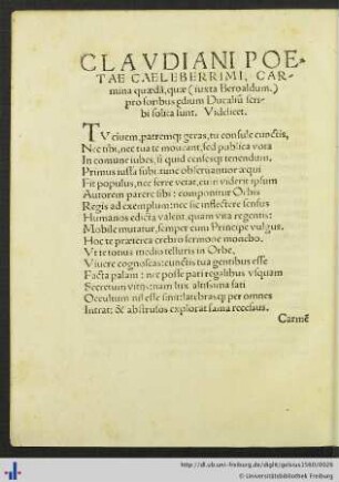 Claudiano Poetae Caeleberrimi, Carmina.