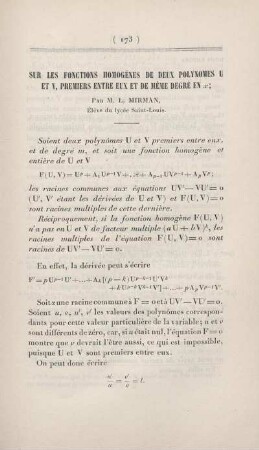 Sur les fonctions homogènes de deux polynomes u et v, premiers entre eux et de mème degré en x.