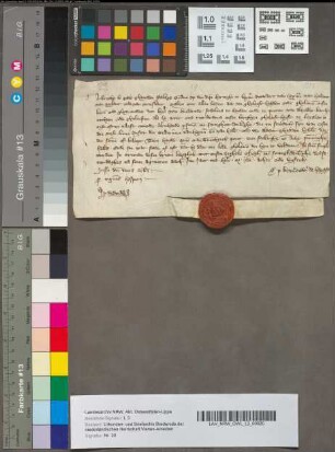 Beloften van Aalbrecht, Palaisgrave op den Rijn, om den Heere van Brederode schadeloos te houden van borgtochten. 26 Januari 1358 (1359). Perkament met 1 uithangend zegel.