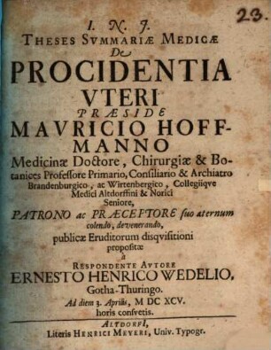 Theses Svmmariae Medicae De Procidentia Vteri