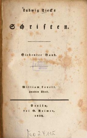 Ludwig Tieck's Schriften. 7, William Lovell ; 2