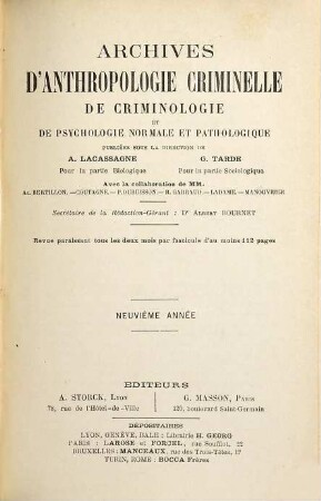 Archives d'anthropologie criminelle de criminologie et de psychologie normale et pathologique. 9. 1894