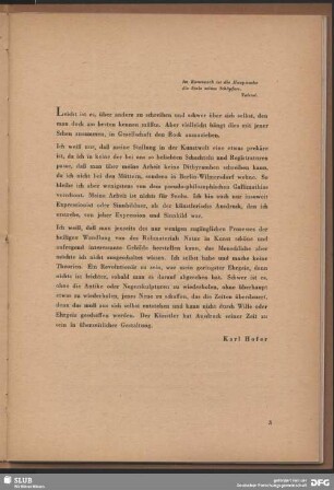 [Bemerkung zum künstlerischen Schaffen]