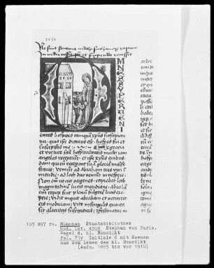 Stephan von Paris, Auslegung der Regel des heiligen Benedikt — Initiale O (mnes), darin Benedikt und seine Mönche verlassen das Kloster, Folio 71verso