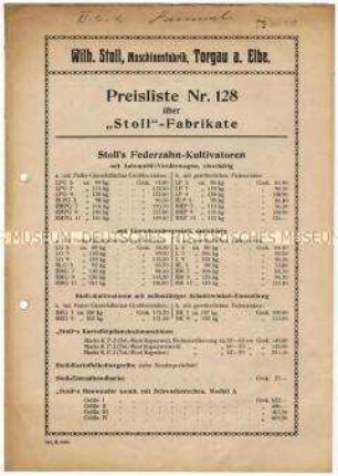 Preisliste Nr. 128 über Kultivatoren und Kartoffelerntemaschinen
