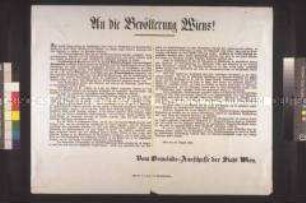 Maueranschlag: An die Bevölkerung Wiens! Bekanntmachung des Gemeinde-Ausschusses der Stadt Wien über die Ereignisse vom 19. bis 24. August 1848; Wien, 25. August 1848