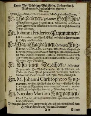 Denen Wol-Würdigen [...] Fr. Magdalenen/ geborner Seelfischin [...] Hn. Johanni Friderico Fugmannen [...] Fr. Maria Magdalenen/ gborner Fugmannin [...] Fr. Christinen Dorotheen/ geborner Fugmannin [...] Hn. M. Johanni Christophoro Fugmannen [...] Hn. Nicolao Martino Fugmannen [...]