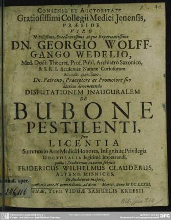 Disputationem inauguralem de bubone pestilenti