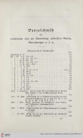 Verzeichniß der erläuterten oder zur Anwendung gebrachten Gesetze, Verordnungen u.s.w.