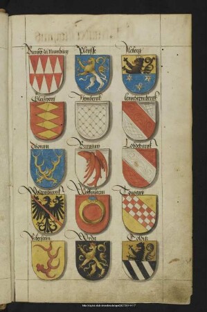 Bl. 4r: 15 Wappen einzelner Herrschaften, die dem Haus Wettin gehören