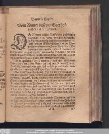 Das erste Capitel. Vom Winter dieses in Gott hoffenden 1611. Jahres.