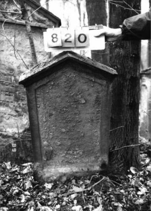 Grabstein 820 (Index: 99751479) Material: Sandstein Zustand: abgeblättert/fast völl. Textverlust Maße HxBxT: 102x54x8 cm Beschreibung: Stele, giebelartiger Abschluß mit Verdachung, Schriftfeld eingetieft: Grabstein 820