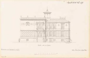 Villa, Gera Monatskonkurrenz April 1878: Aufriss Gartenansicht; Maßstabsleiste