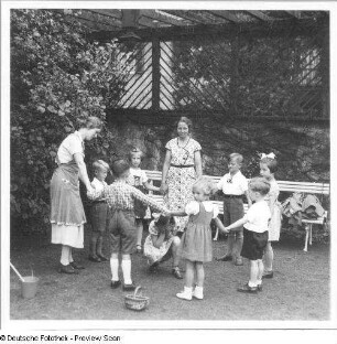 Zwei Frauen mit Vorschulkindergruppe beim "Häschen-in-der-Grube-Spiel" : Villenterrasse. Zwei Frauen mit Vorschulkindergruppe beim "Häschen-in-der-Grube-Spiel"