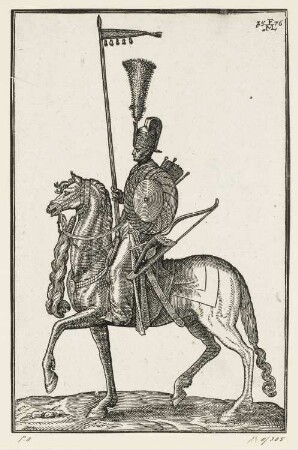 Reiter, aus: Melchior Lorch, "Des Weitberühmten Kunstreichen und Wolerfahrnen herrn Melchior Lorichs, Flensburgensis Wolgerissene und geschnittene Figuren zu Ross und Fuss sampt schönen Türkischen Gebäuden und allerhand was in der Türkey ze sehen", Hamburg 1626