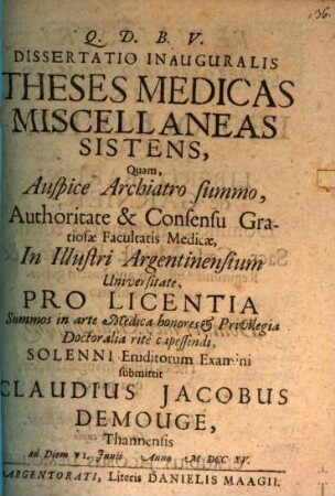 Diss. inaug. theses medicas miscellaneas sistens