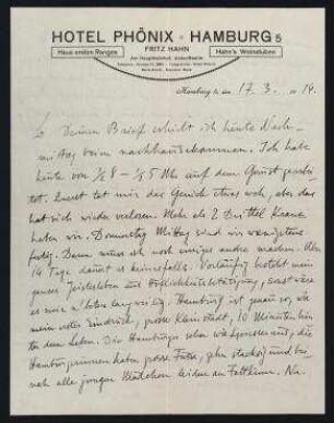 Brief von Raoul Hausmann an Elfriede Hausmann . Hamburg. Briefkopf: Hotel Phönix, Hamburg 5, Am Hauptbahnhof