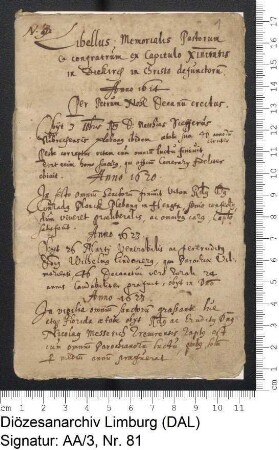 Memorialbuch des Landkapitels Dietkirchen, angelegt 1614 durch Peter Nohl