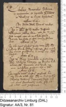 Memorialbuch des Landkapitels Dietkirchen, angelegt 1614 durch Peter Nohl