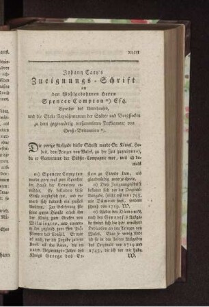 Johann Cary's Zueignungs-Schrift an den Wohlgebohrnen Herrn Spencer Compton