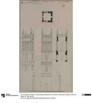 Sonnenburg. Entwurf zum Kirchturm. Aufrisse, Schnitt, Grundriss.