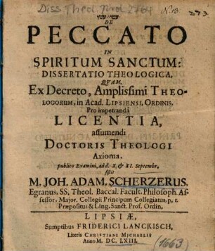 De Peccato In Spiritum Sanctum, Dissertatio Theologica