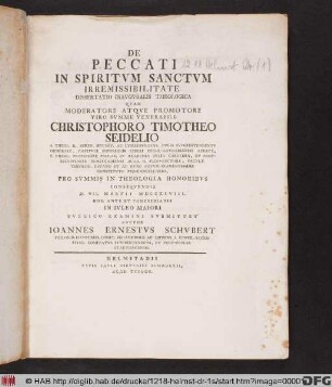 De Peccati In Spiritvm Sanctvm Irremissibilitate Dissertatio Inavgvralis Theologica