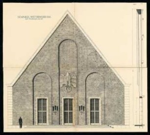 Siedlung für Kriegsbeschädigte Schinkelwettbewerb 1945: Gemeinschaftsanlagen: Feierhaus. Fassade, Ansicht 1:20
