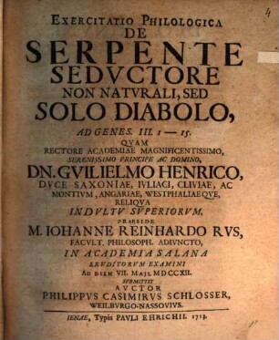 Exercitatio philol. de serpente seductore non naturali, sed solo diabolo, ad Gen. III, 1 - 15