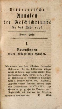 Litterarische Annalen der Geschichtkunde in und außer Teutschland : für das Jahr .... 3. 1786