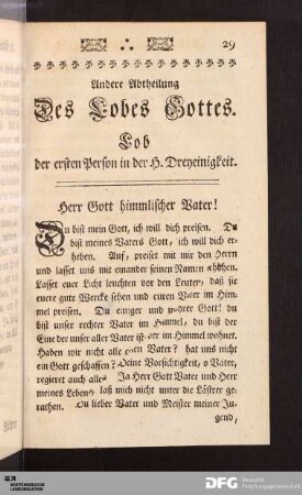 Andere Abtheilung Des Lobes Gottes. Lob der ersten Person in der H. Dreyeinigkeit.
