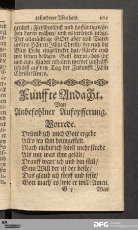 Fünffte Andacht. Von Anbefohlner Aufopfferung.