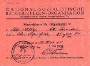 Mitgliedskarte der Nationalsozialistischen Betriebszellen-Organisation für Otto Willy