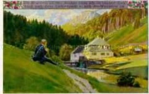 Wanderer bei einer Wassermühle
