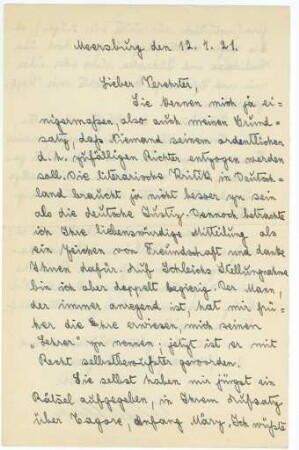 Korrespondenz von Fritz Mauthner an Unbekannt