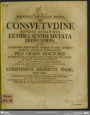 Dissertatio Inauguralis Medica, De Consuetudine Ejusque Effectibus Ex Fibra Sensim Mutata Deducendis : In Auditorio Majori Collegii Majoris, Horis Consuetis. Die XIII. Junii M DCC XXXVII.