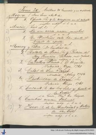 Handschriftliches Inhaltverzeichnis des Bandes