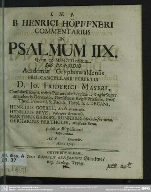 B. Henrici Höpffneri Commentarius In Psalmum IIX.