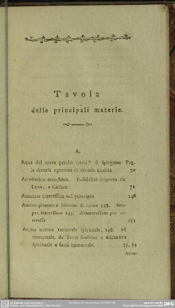 Tavola delle principali materie