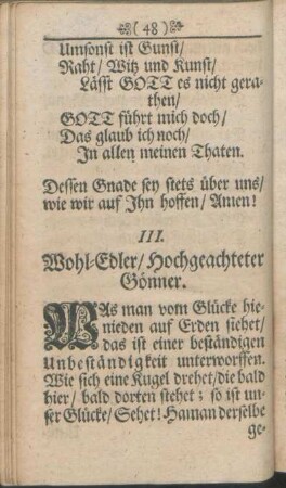 III. Wohl-Edler/ Hochgeachteter Gönner.