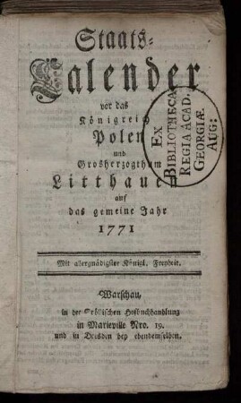 1771: Staats-Calender vor das Königreich Polen und Großherzogthum Litthauen auf das gemeine Jahr 1771